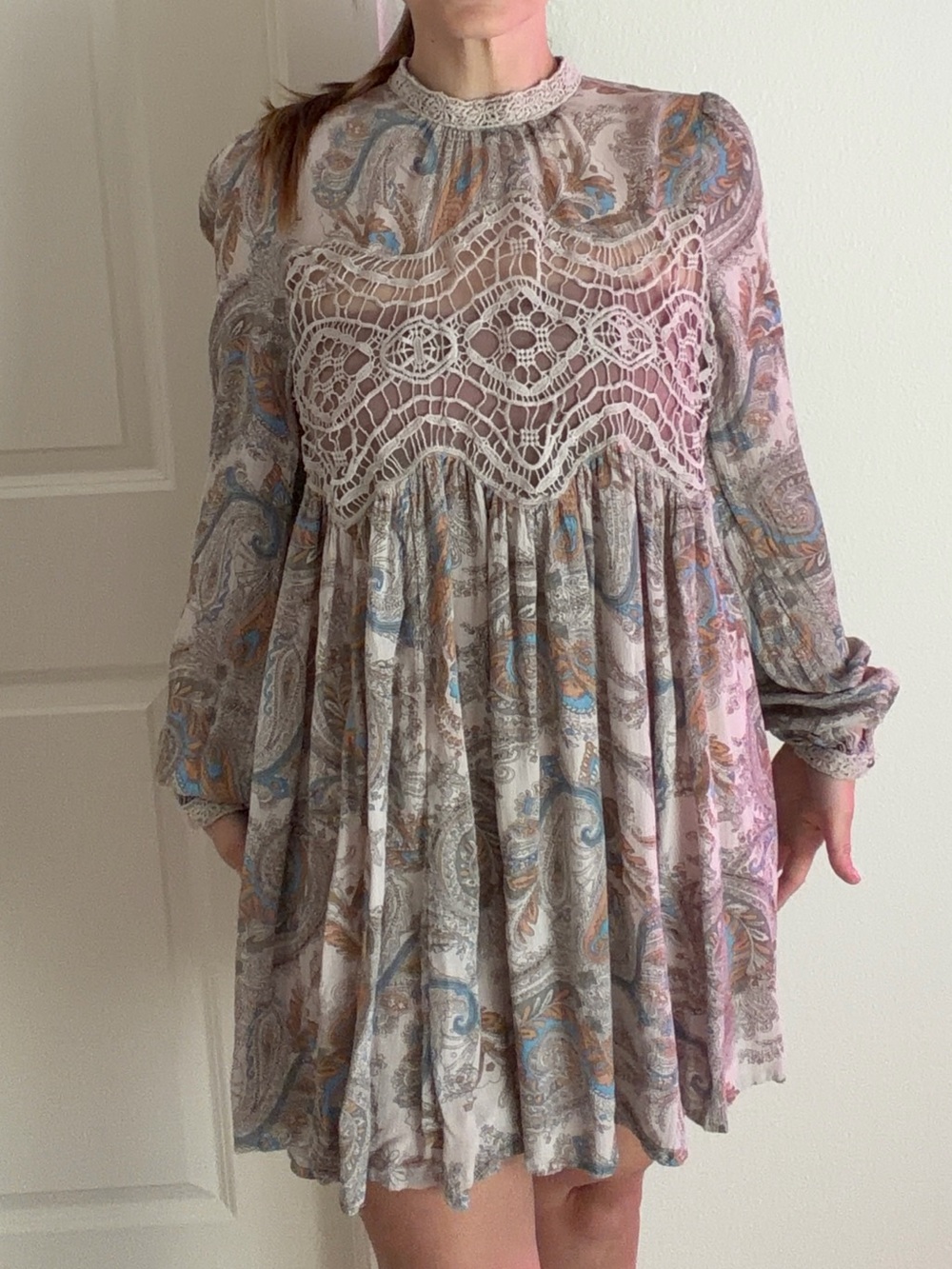 Free People Neutral Paisley Crochet Yoke Mini Dress